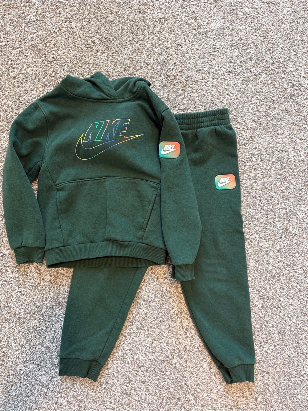 Nike Kids Dark Green Fleece Hoodie and Joggers Set with Multicolor Logo